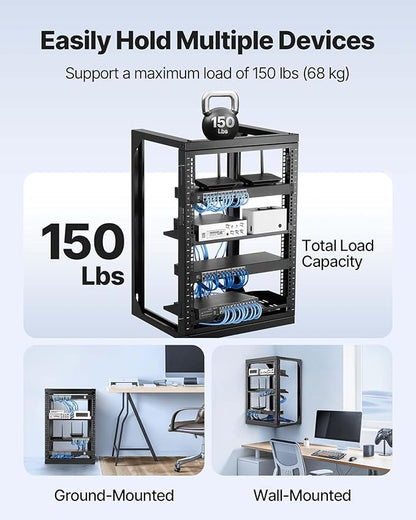 VEVOR 15U Open Frame Server Rack, Free Standing or Wall Mount Rack with 180 Degrees Gate Swing, Network Rack for 19" IT Equipment & A/V Devices