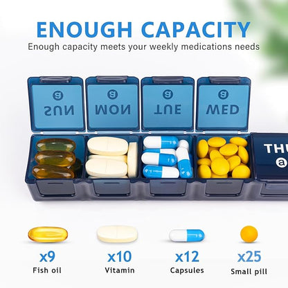 2-Pack Weekly Large Pill Organizer for Travel, 7 Day Pill Boxes and Organizer, Big Compartments Pill Case AM PM,14 Day XL Medication Organizer Dispenser for Fish Oils, Vitamin Holder Supplement