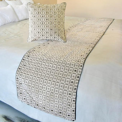 The HomeCentric King/Queen/Twin Grey Designer CA King 86"x18" Bed Runner with 2 Pillow Cover, Checkered, Beaded, Hand Embroidery Bed Scarf on Velvet Fabric - The Brick Effect