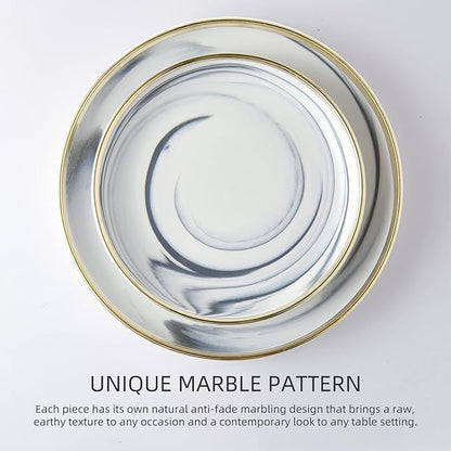 Marble Gold Rim Dinnerware Sets, Porcelain Plates and Bowls Sets, Modern Luxury Dish Set for 4, White Grey China Dinner Set for Special Occasions, Hand Wash Quickly