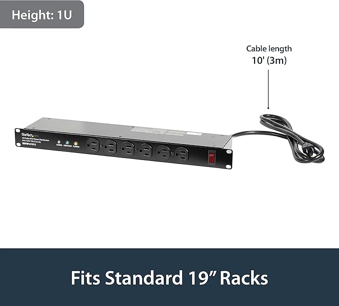 StarTech.com 16 Outlet Horizontal 1U Rack Mount PDU Power Strip for Network Server Racks - Surge Protection - 120V/15A - 6ft Power Cord (RKPW161915)