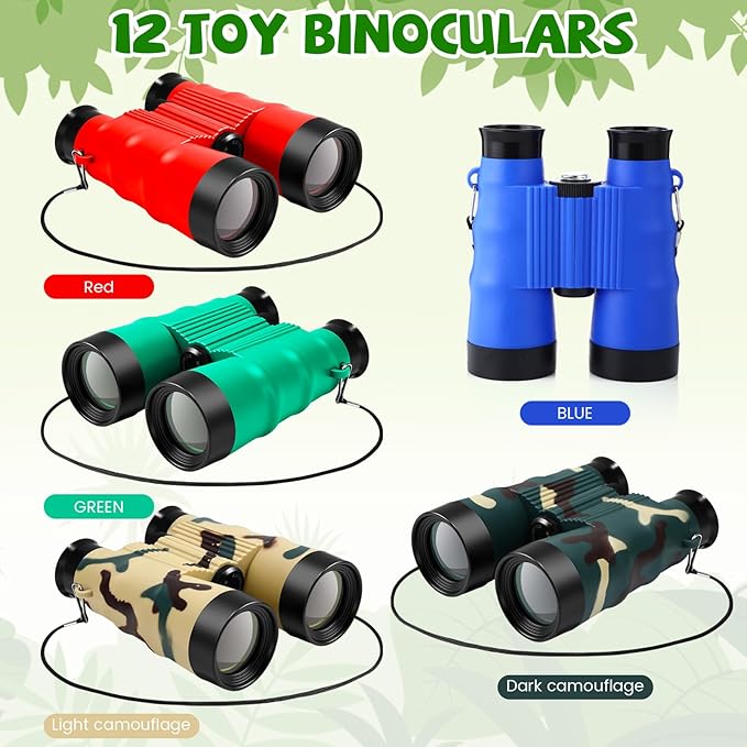 12 Set Binocular Compass Magnifying Glass Set Christmas Birthday Gift Small Telescope Binocular with Whistle Bag for Outdoor Exploring Stocking Stuffer(Fresh Color,Vivid)