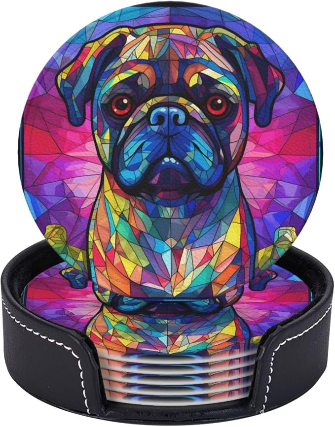 Pug Stained Dog Breed Glass Art Leather Drinks Coasters