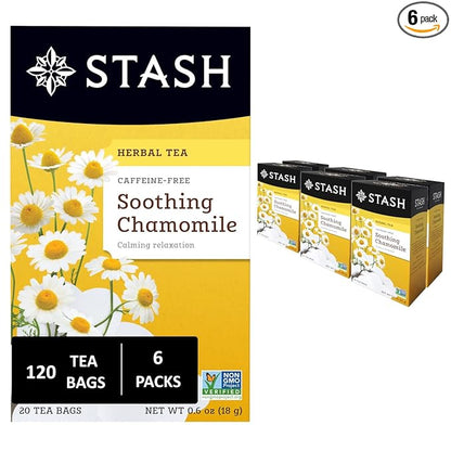 Stash Tea Chamomile Herbal Tea - Naturally Caffeine Free, Non-GMO Project Verified Premium Tea with No Artificial Ingredients, 20 Count (Pack of 6) - 120 Bags Total