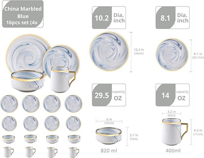 16 Piece Plates and Bowls Sets, Fine China Artisan Marbled Dinner Set for 4, Dishwahser Safe, Scratch Resistant, Blue with Gold Line