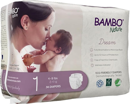 Bambo Nature Hypoallergenic Dream Baby Diapers, Premium Eco-Labeled Sustainable Diapers, Enhanced Leakage Protection, Totally Chlorine-free, Skin Friendly, and Super Absorbent - Size 1 (108 Count)