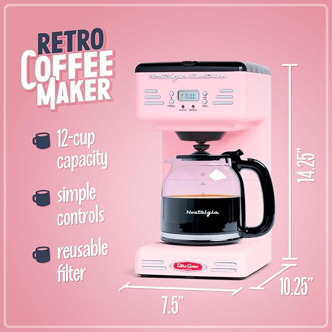 Nostalgia Retro 12-Cup Programmable Coffee Maker With LED Display, Automatic Shut-Off & Keep Warm, Pause-And-Serve Function, Pink