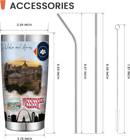 20oz Insulated Tumbler Mississippi State Coffee Mug, United States Map Travel Mug Landmark, Birthday Gifts Cute Custom Tumbler Cups with Lid and Straw Mothers Day Gifts