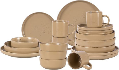 HomeVSS 20-Piece Dinnerware Set - Serves 4, Matte Beige Glaze plates and bowls sets with Speckle Effect for Microwave & Dishwasher Safe