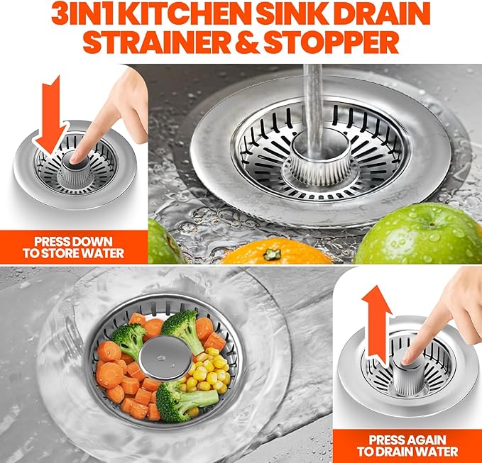 Kitchen Sink Drain Strainer & Sink Stopper, Upgraded 3 in 1 Stainless Steel Drain Plug Combo with Anti-Clog Basket, Pop Up Drain Cover for Standard 3-1/2'', Fits Double Bowl Kitchen Sinks