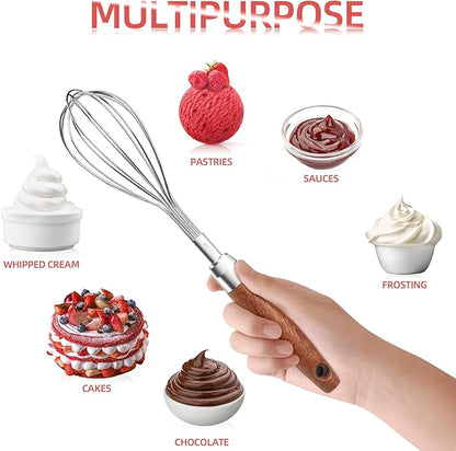 Whisk for Cooking,Stainless Steel Wire Wooden Handle Kitchen Multi Function Non Stick Balloon Whisk Egg Beater for Blending Whisking Beating Frothing Stirring Batters (11"L x 2.1"W)