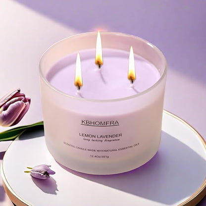 Scented Candle for Home, Lemon Lavender Essential Oils Fragrant, Soy Wax 12.4oz Large Capacity,3-Wick 70 Hours Burn,for Festival Luxury Gift,Sleep Relaxation Ambience