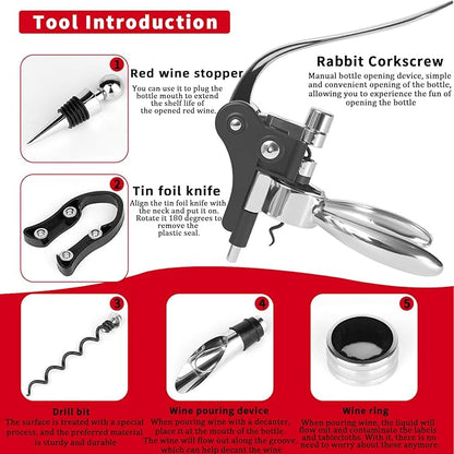 DEMARRE Silver Rabbit Corkscrew Wine Opener, Luxury Wine Bottle Opener, Zinc Alloy Corkscrew Set for All Wines, Includes Opener, Foil Cutter, Wine Stopper Pourer, Drip Ring, Black Gift Box