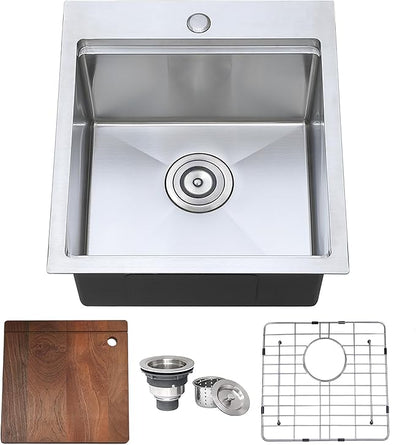 COMLLEN 17x19 Inch Drop in Bar Sink, Outdoor Sink 304 Stainless Steel Kitchen Workstation, 16 Gauge 9 Inch Deep Brushed Nickel, RV Laundry Utility Kitchen Sinks with Cutting Board Grid Drain