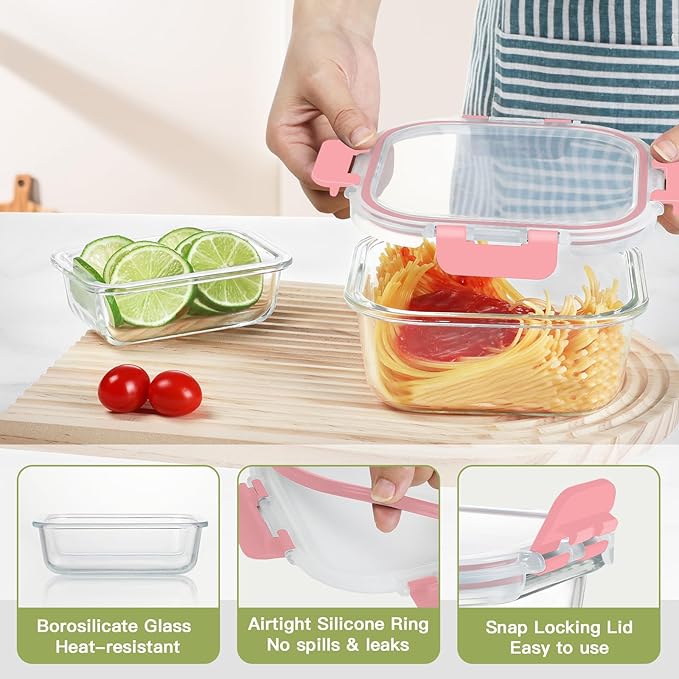 BAYZZ 24 Piece Glass Food Storage Containers with Lids, Airtight Glass Meal Prep Containers for Kitchen, BPA-Free Lunch Box, Microwave and Freezer Safe,Pink