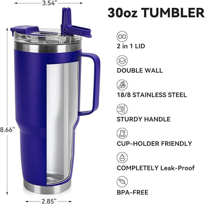 30oz Tumbler with Handle, Insulated Leak Proof Coffee Travel Mug with Straw Lid Double Wall Stainless Steel Vacuum Tumblers Metal Cup Keep Hot and Iced Drink for Gym, Office, Camping, Blue 1 Pack