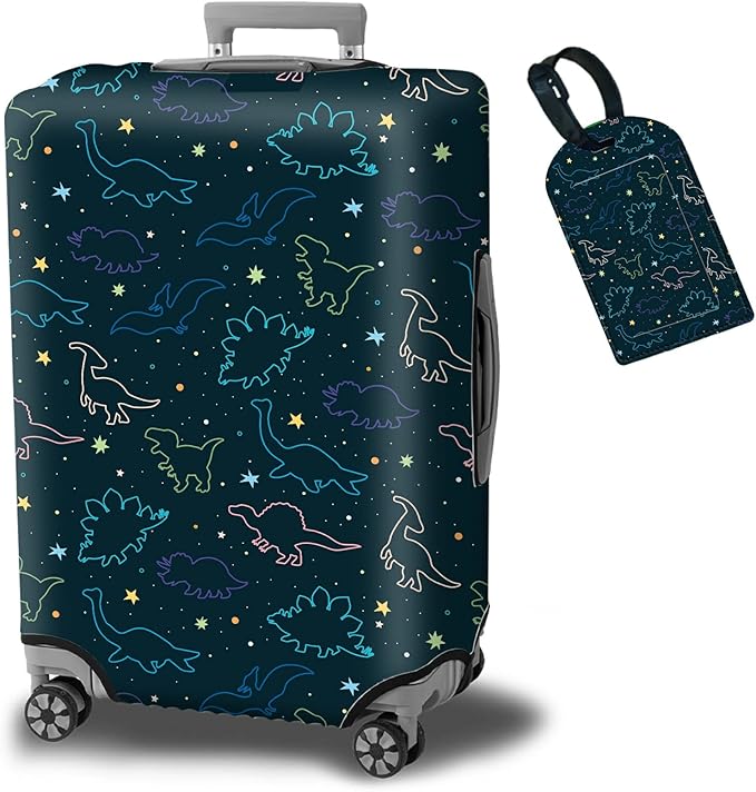 Luggage Cover Suitcase Protector Plus 1 Luggage Tag, Dinosaurs Space Travel Suitcase Cover Suitable for 22-24 inch Luggage (M) with Concealed Zipper Washable Elastic Cloth Dustproof Anti-Scratch