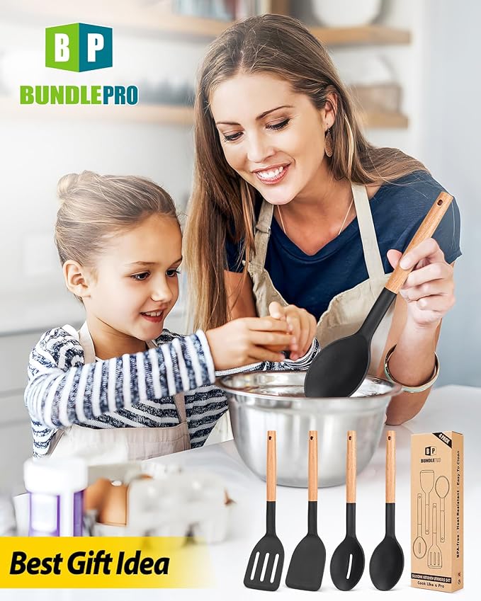 Pack of 4 Silicone Cooking Utensils Set, Non Stick Solid Spatulas and Heat Resistant Slotted Spoons with Wooden Handle, Ideal Wood Kitchen Utensils Set for Frying,Serving,Turning,Stirring (BLACK)