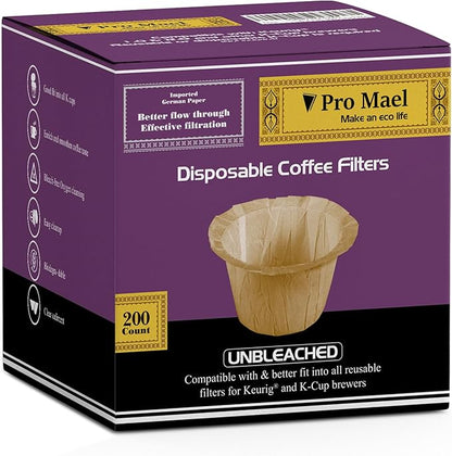 Pro Mael Disposable K Cup Filters, Coffee Filter Paper for Keurig Brewers Single Serve 1.0 and 2.0, Use with Reusable K Cup Pods, Natural Unbleached (200-Count)