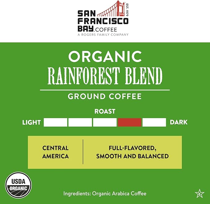 SF Bay Coffee Organic Rainforest Blend 28 oz Bag, Ground Medium Dark Roast, USDA Organic
