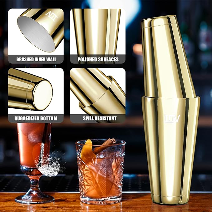 IOV Boston Cocktail Shaker Set, 18oz & 28oz Stainless Steel Weighted Shaker Tins, Metal Martini Drink Mixer for Bartending, Professional Bar Tools with Cocktail Recipe Guide, Gold