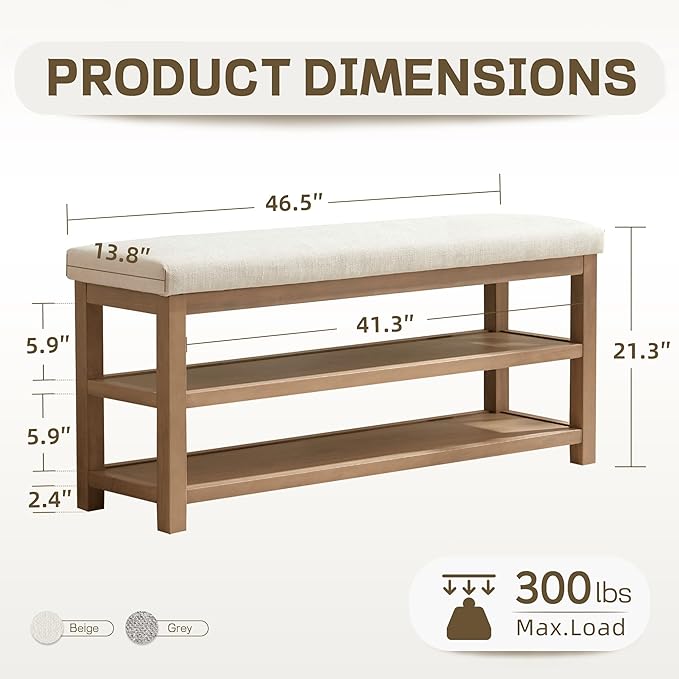 2 Tier Shoe Rack Bench with Cushion, Solid Wood Shoe Benches, Mid-Century Modern Shoe Storage Bench for Entryway, Hallway, Living Room, Closet, Front Door Entrance, (Beige, 46.5")