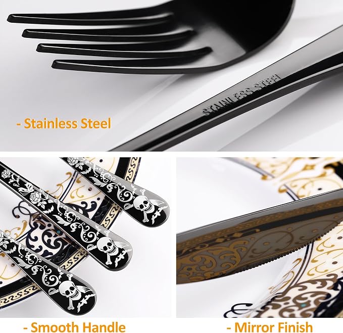 Skull Black Silverware Set for 8, 40-Piece Pirate Rose Flatware Set, Gothic