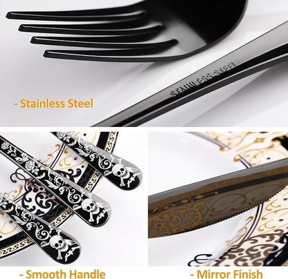 Skull Black Silverware Set for 8, 40-Piece Pirate Rose Flatware Set, Gothic