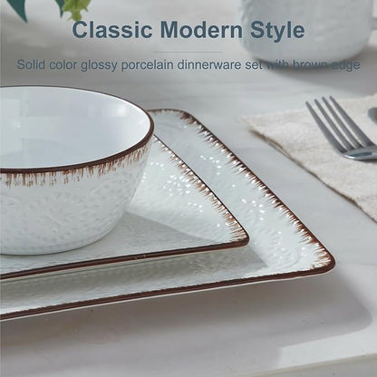 ONEMORE Ceramic Dinnerware Set, 16PCS Square Plates, Bowls & Cups Set - Scratch Resistant, Dishwasher Safe Kitchen Dishes, Ceramy White