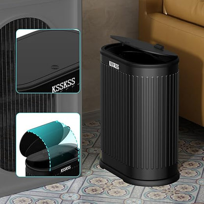 1.8 Gallons Small Stainless Steel Trash Can with Press Type Lid, Slim Bathroom Garbage Bin, Removable Liner Bucket, Dog Proof Narrow Wastebasket with Pop-Up Lid for Bedroom,Toilet (Matt Black)