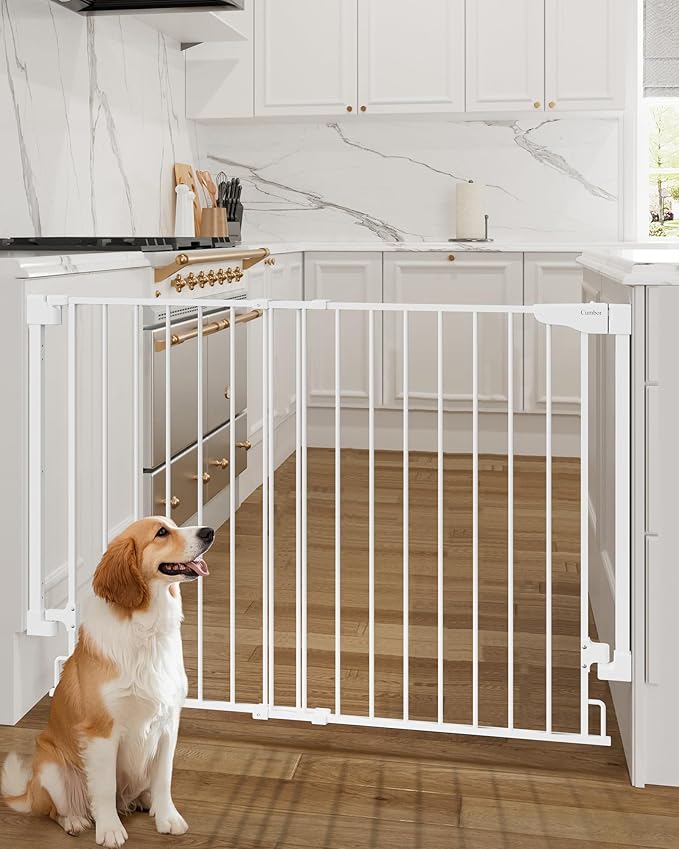 Cumbor 34" Extra Tall Baby Gate for Stairs, Wall-Mounted (Drill Required), Expandable 31.6-48" No Bottom Bar Dog Gate Indoor for Larger Pets, Large Walk Thru Door for Easy Access (White)