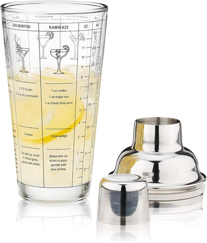 True Glass Cocktail Shaker with 7 Classic Recipes and Measurements for Cold Brew Cocktails, Home Bar Accessories, Bar Tools, Bartender Gifts, Hosting Essentials, 13.5 oz, Set of 1, Clear
