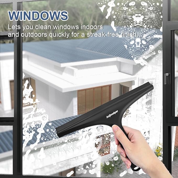 All-Purpose Shower Squeegee for Glass Doors with Hook, Silicone Squeegee for Shower Glass, Shower Doors, Windows, Bathroom, Mirrors and Tiles（10 inch, Black）