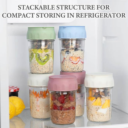 SOLIGT 2 Pack Overnight Oats Containers with Lids, Folding Spoons and Divided Compartments for Fruit & Nuts, Small Glass 16oz Mason Jars for Oatmeal Yogurt Parfait (2 Set-Oat White/Rose Pink)
