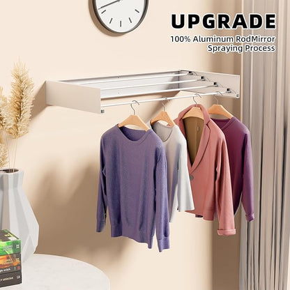 Laundry Drying Rack Collapsible, Wall Mounted Clothes, Retractable Wall Drying Rack, 24" Wide, 4 Aluminum Rods, Max 60 lb Capacity (White, 23.6'')