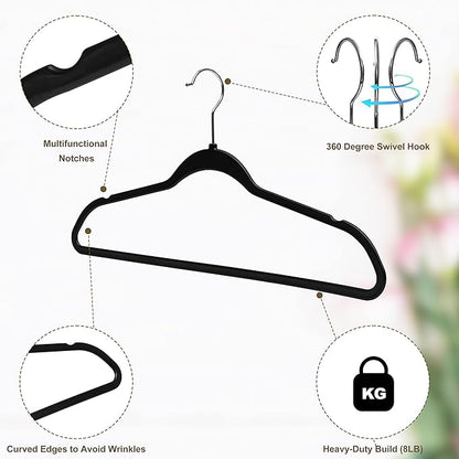 Quality Hangers 160 Pack Slim Plastic Hangers for Clothes - Heavy Duty Non-Velvet Hangers with 360° Swivel Chrome Hook & Non Slip Notches - Ideal for Dresses Coats Shirts Jackets & More - Black