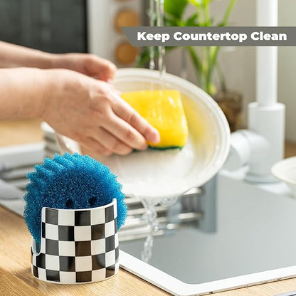 Checkered Kitchen Sink Sponge Holder, Dish Sponge Rack Ceramic Brush Holder Farmhouse Kitchen Dish Rack for Brush, Scrubbers, Bathroom, Sink, Black and White