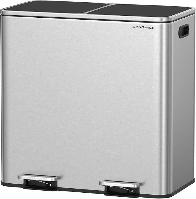 SONGMICS Trash Can, 2 x 10.6 Gallon (2 x 40 L) Garbage Can for Kitchen, with 15 Trash Bags, 2 Compartments, Plastic Inner Buckets and Hinged Lids, Airtight, Silver and Black ULTB730E80