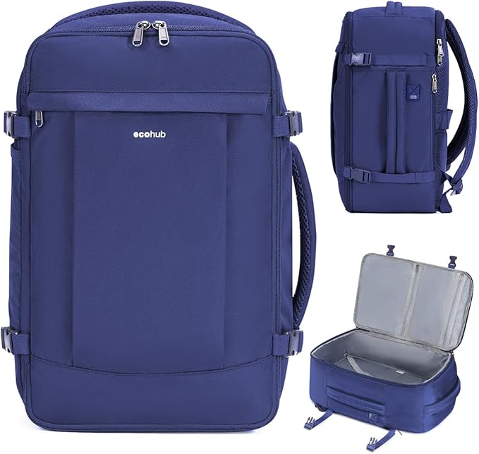 ECOHUB Travel Backpack for Men Women, Carry on Backpack with USB Charging Hole, Spirit Airlines Personal Item Bag Flight Approved, 15.6 Inch Laptop Backpack with Anti Theft Pockets, 30L, Navy Blue