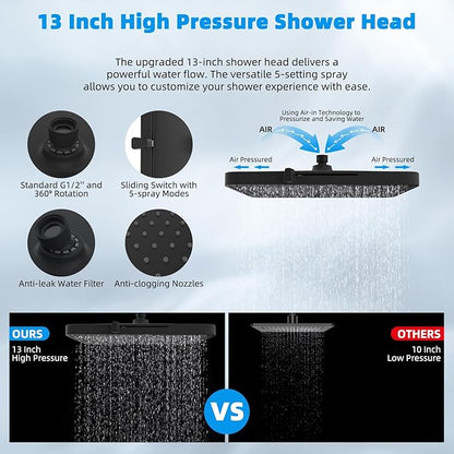 Hibbent cUPC Certified High Pressure 13'' Dual Shower Head Combo with 10-mode Handheld Spray, Rainfall 5-spray Shower Head, 12'' Adjustable Extension Arm, 71'' Hose, Showerhead Holder, Matte Black
