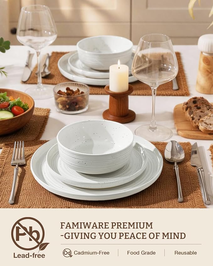 Stoneware Dinnerware Set for 8, Plates and Bowls, Chip & Scratch Resistant