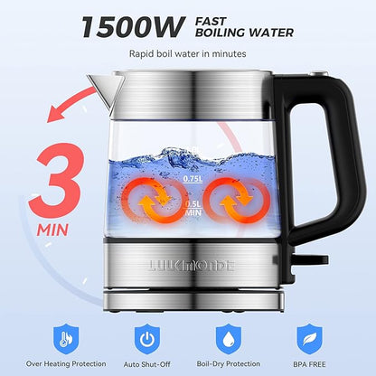 LUUKMONDE Electric Kettle, 1L 1500W, Small Glass Tea Kettle, Hot Water Boiler with LED Indicator, Cordless Water Heater Kettle, BPA-Free, Fast Boiling, Auto Shut-Off, Boil-Dry Protection