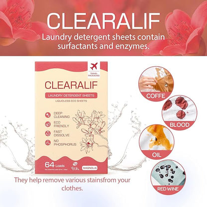 CLEARALIF Laundry Detergent Sheets, Magnolia, 64 Load, CLEARALIF Laundry Detergent Strips Eco Friendly & Hypoallergenic
