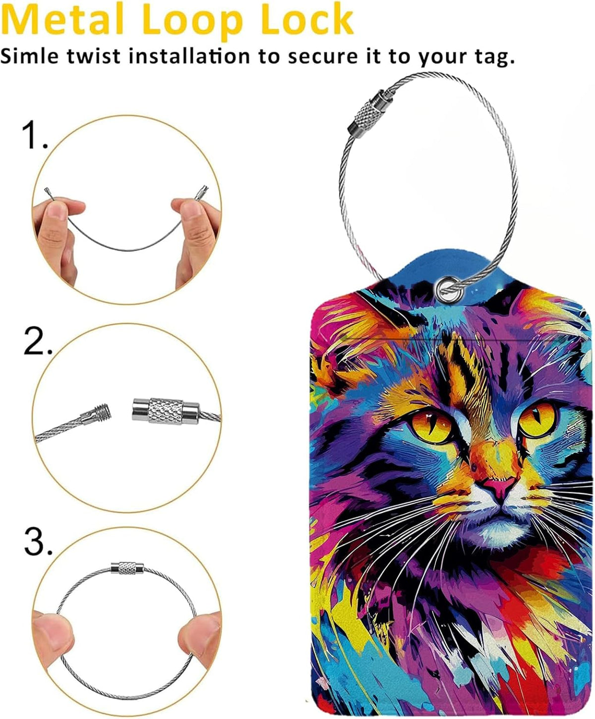 Colorful Cat 2 Pack Luggage Tag for Suitcase, Leather Bag Tags Identifiers Privacy Cover ID Label with Steel Loop for Women Men Kids Girls Travel
