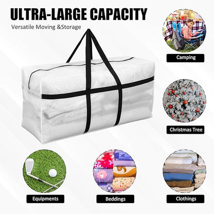 4 Pcs 66 Gallon Large Moving Bags with Zipper and Handles Foldable Storage Duffle Bags Heavy Duty Extra Large Totes for College Dorm Travel Clothes Blankets Bedding Moving (Clear)