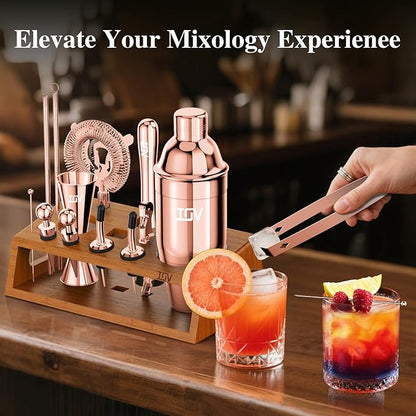 IOV Cocktail Shaker Set Bartender Kit with Stand | Bar Set Drink Mixer Set Includes Martini Shaker, Jigger, Strainer, Mixing Spoon, Muddler, Recipe Book | Home Bar Accessories Gift Set (Rose Gold)