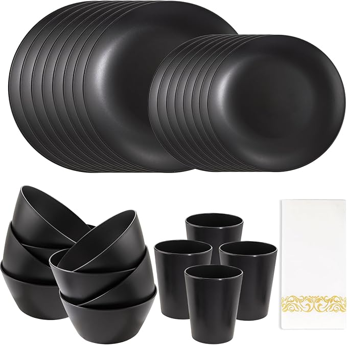 Supernal 32pcs Black Wheat Straw Dinnerware Sets with 25pcs Linen Napkins,Plates and Bowls Sets for 8,Black Plastic Dinnerware Sets, Microwave Dishwasher Safe Plates, Dishes Set for 8