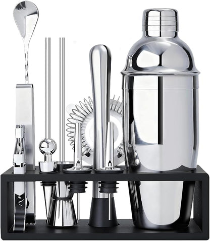 TNGO Cocktail Shaker Set - Mixology Bartender Kit with Sleek Stand - Premium Bar Tool Set All Bar Accessories Includes Martini Shaker Drink Mixer, Muddler, Jigger, Strainer, Bar Mixer Spoon