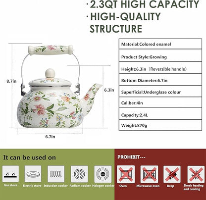 Enamel Teapot floral,Large Porcelain Enameled Teakettle,Colorful Water Tea Kettle pot for Stovetop,Small Retro Classic Design (style01 Growing)