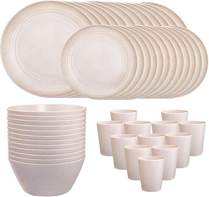 LIYH 48 Pcs Beige Plastic Wheat Straw Dinnerware Set - Reusable Plates and Bowls Sets,Unbreakable Plates Dishes Bowl Cup Outdoor Camper Dish Set for 12